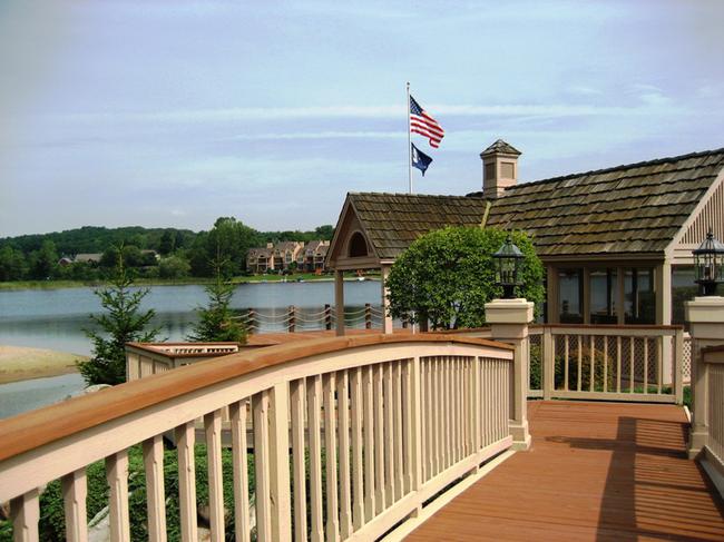 Blue Heron Pointe condos, Northville, MI. Gazebo overlooking water.